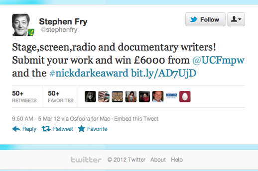 Stephen Fry Tweeting about The Nick Darke Award following Competition Agency PR Activity